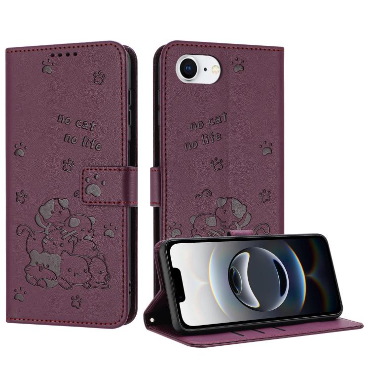 For iPhone 16e Embossed Kitten Phone Leather Case with Lanyard(Wine Red)