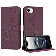 For iPhone 16e Embossed Kitten Phone Leather Case with Lanyard(Wine Red)