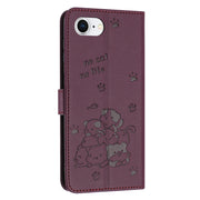 For iPhone 16e Embossed Kitten Phone Leather Case with Lanyard(Wine Red)