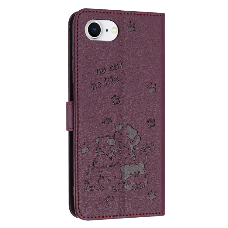 For iPhone 16e Embossed Kitten Phone Leather Case with Lanyard(Wine Red)