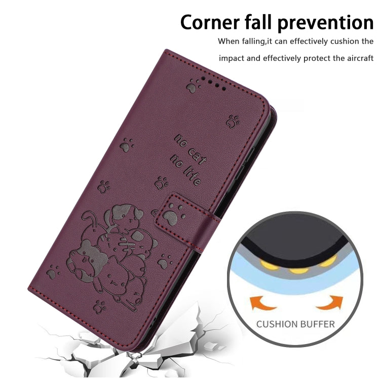 For iPhone 16e Embossed Kitten Phone Leather Case with Lanyard(Wine Red)