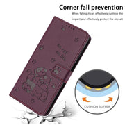 For iPhone 16e Embossed Kitten Phone Leather Case with Lanyard(Wine Red)