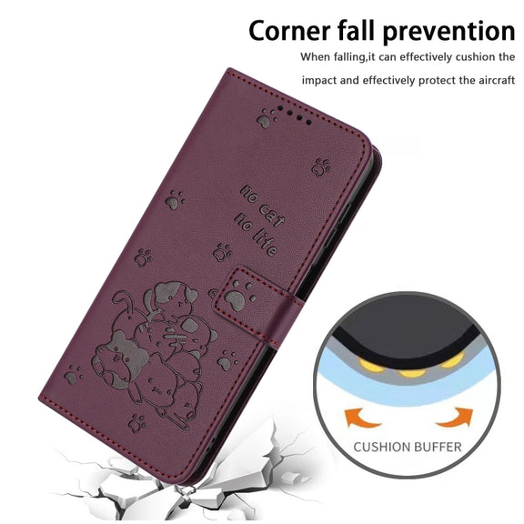 For iPhone 16e Embossed Kitten Phone Leather Case with Lanyard(Wine Red)
