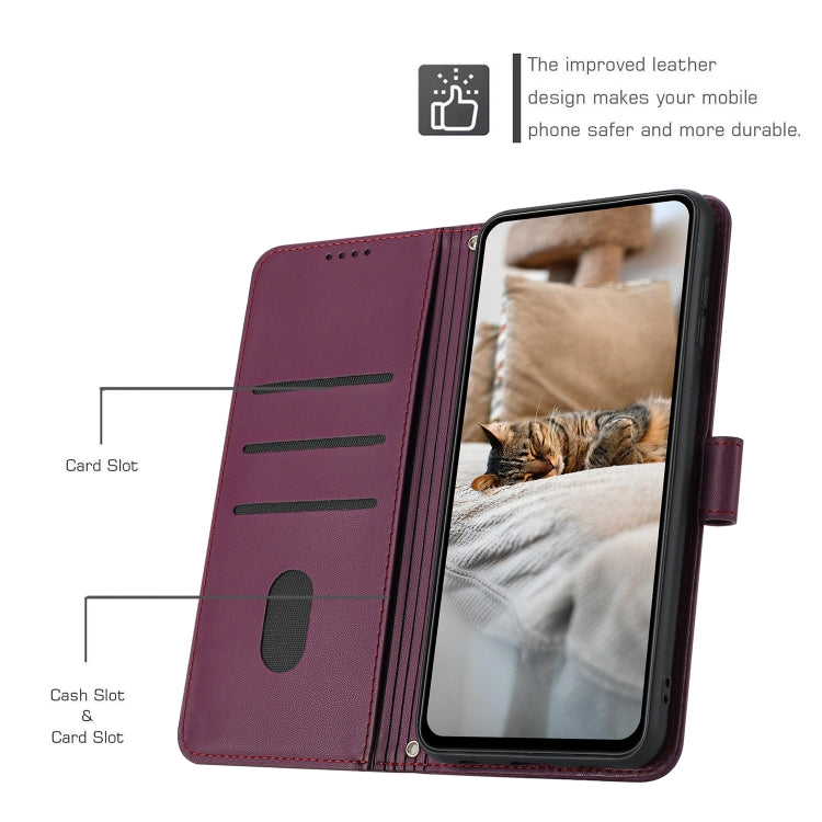 For iPhone 16e Embossed Kitten Phone Leather Case with Lanyard(Wine Red)