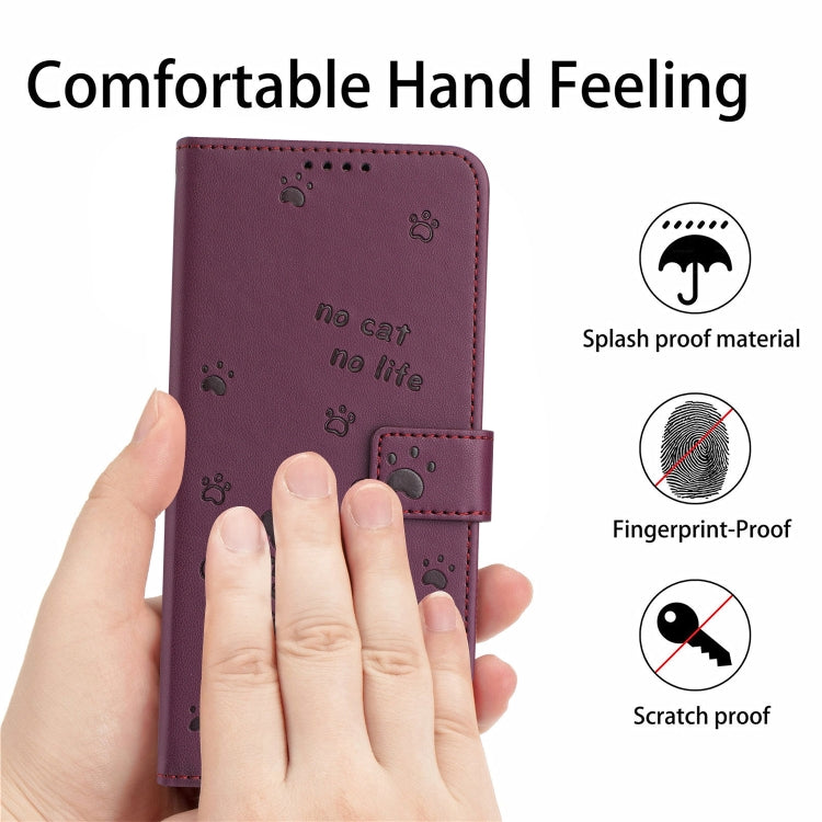 For iPhone 16e Embossed Kitten Phone Leather Case with Lanyard(Wine Red)