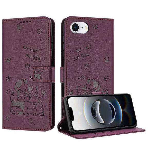For iPhone 16e Embossed Kitten Phone Leather Case with Lanyard(Wine Red)