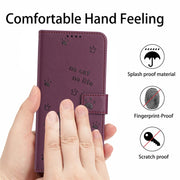 For iPhone 16e Embossed Kitten Phone Leather Case with Lanyard(Wine Red)