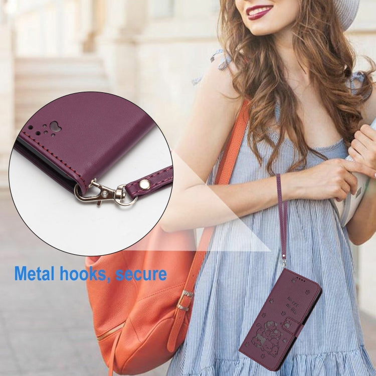 For iPhone 16e Embossed Kitten Phone Leather Case with Lanyard(Wine Red)