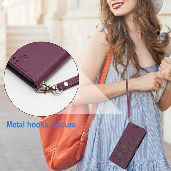 For iPhone 16e Embossed Kitten Phone Leather Case with Lanyard(Wine Red)