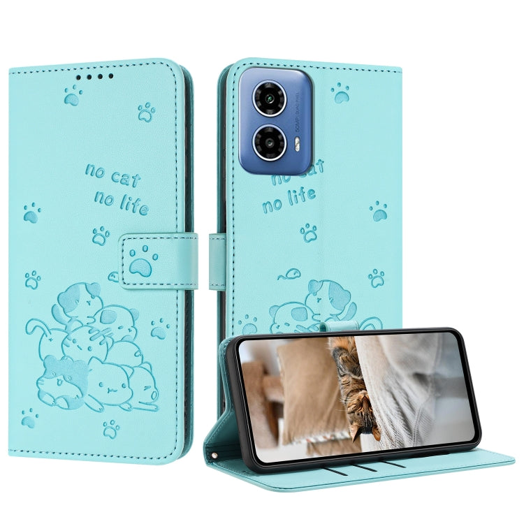 For Motorola Edge 2024 5G Embossed Kitten Phone Leather Case with Lanyard(Mint Green)