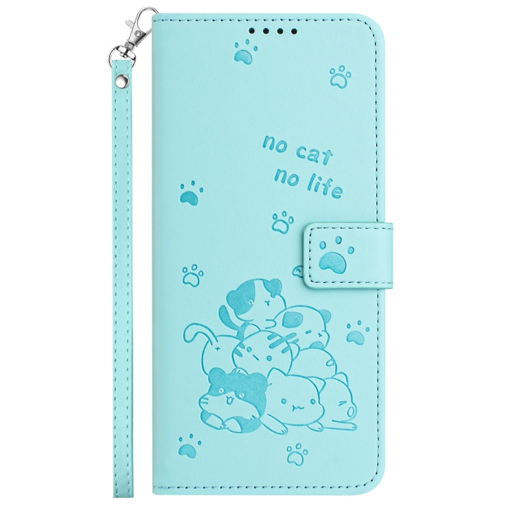 For Motorola Edge 2024 5G Embossed Kitten Phone Leather Case with Lanyard(Mint Green)