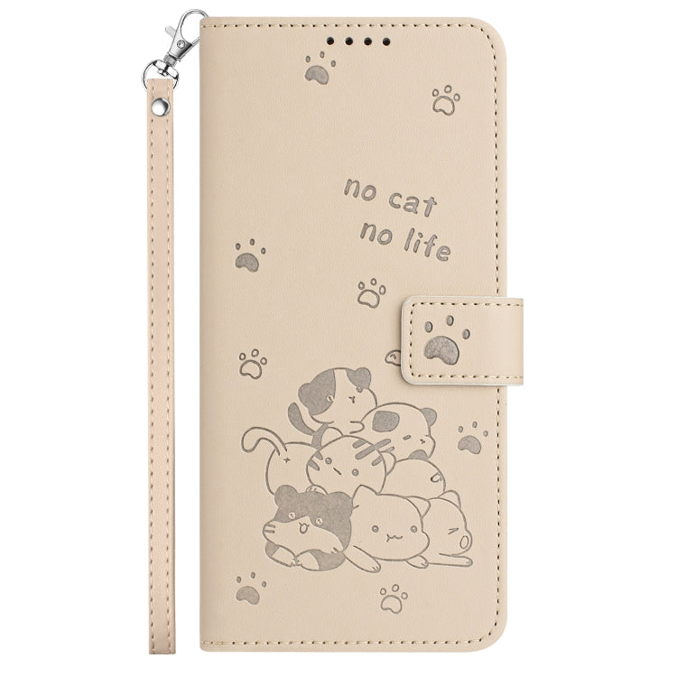 For Motorola Moto G 5G 2024 Embossed Kitten Phone Leather Case with Lanyard(Beige)