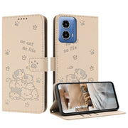 For Motorola Moto G 5G 2024 Embossed Kitten Phone Leather Case with Lanyard(Beige)