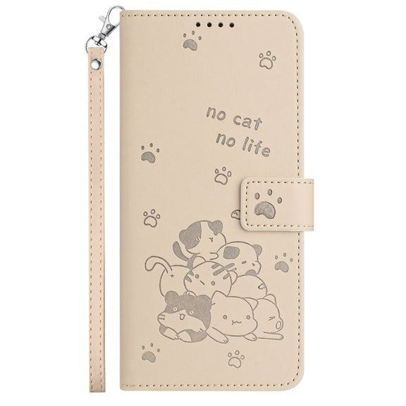 For Motorola Moto G 5G 2024 Embossed Kitten Phone Leather Case with Lanyard(Beige)