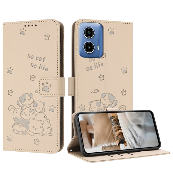 For Motorola Moto G 5G 2024 Embossed Kitten Phone Leather Case with Lanyard(Beige)