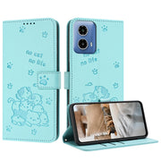 For Motorola Moto G 5G 2024 Embossed Kitten Phone Leather Case with Lanyard(Mint Green)