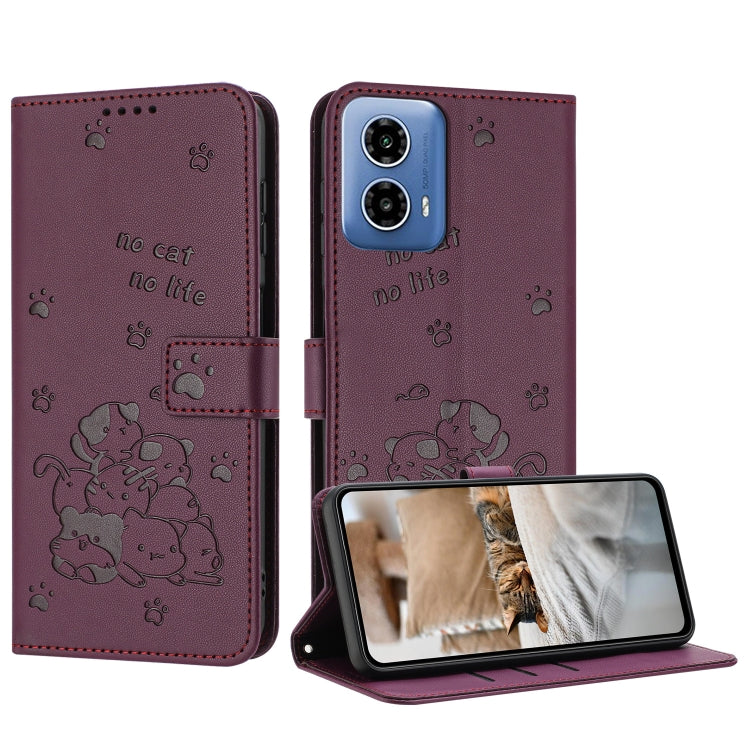 For Motorola Moto G 5G 2024 Embossed Kitten Phone Leather Case with Lanyard(Wine Red)