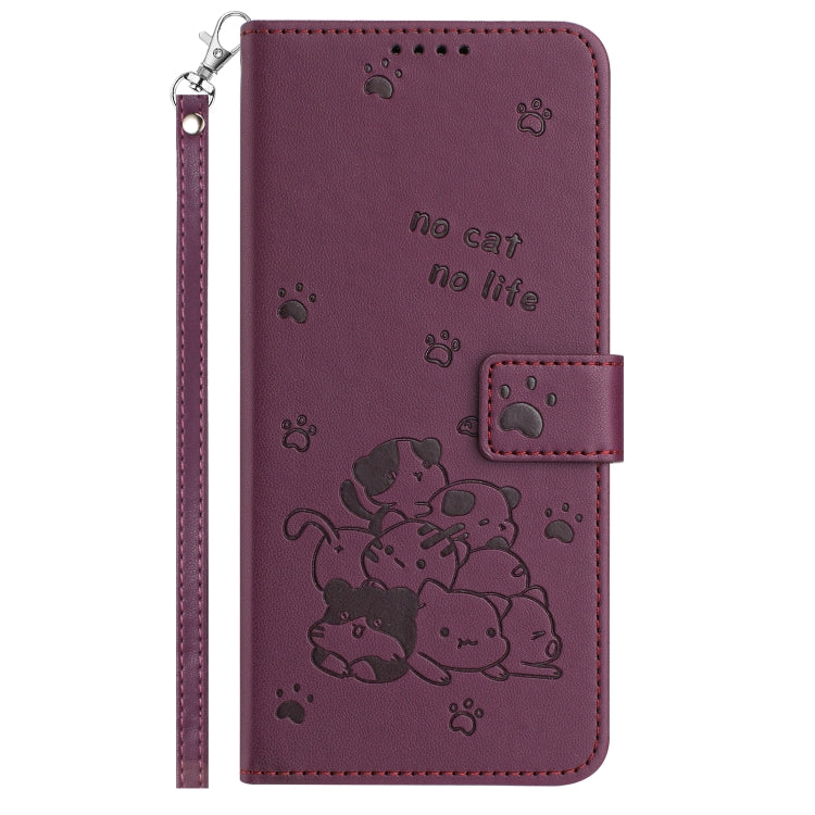 For Motorola Moto G 5G 2024 Embossed Kitten Phone Leather Case with Lanyard(Wine Red)