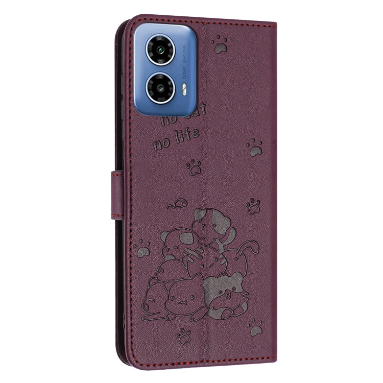 For Motorola Moto G 5G 2024 Embossed Kitten Phone Leather Case with Lanyard(Wine Red)