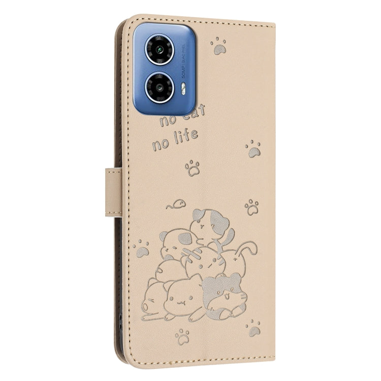 For Motorola Moto G Stylus 5G 2024 Embossed Kitten Phone Leather Case with Lanyard(Beige)
