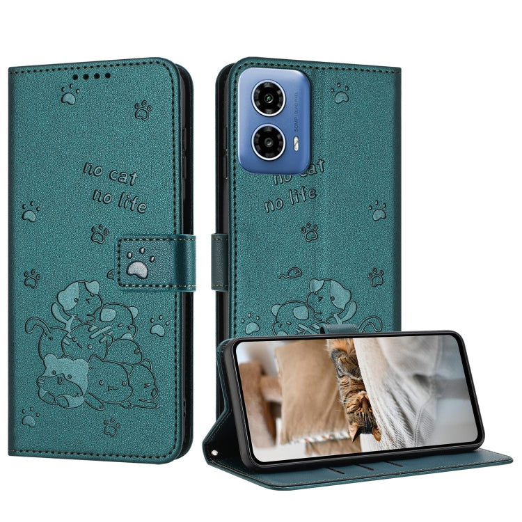 For Motorola Moto G Stylus 5G 2024 Embossed Kitten Phone Leather Case with Lanyard(Dark Green)