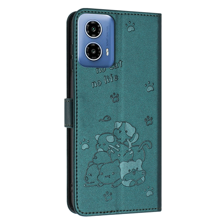 For Motorola Moto G Stylus 5G 2024 Embossed Kitten Phone Leather Case with Lanyard(Dark Green)