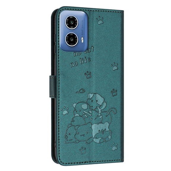 For Motorola Moto G Stylus 5G 2024 Embossed Kitten Phone Leather Case with Lanyard(Dark Green)