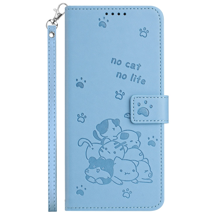 For Samsung Galaxy S25+ / S24+ 5G Embossed Kitten Phone Leather Case with Lanyard(Blue)