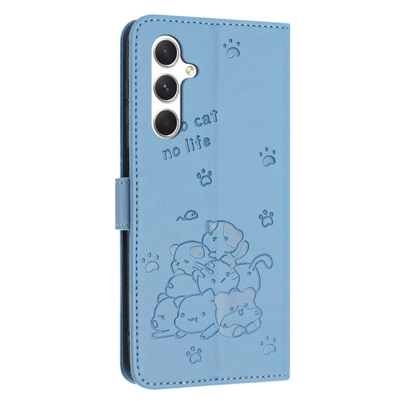 For Samsung Galaxy S25+ / S24+ 5G Embossed Kitten Phone Leather Case with Lanyard(Blue)