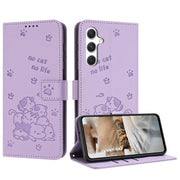 For Samsung Galaxy S25 / S24 5G Embossed Kitten Phone Leather Case with Lanyard(Purple)