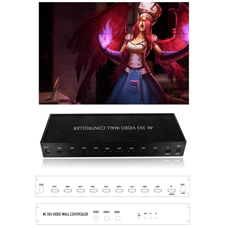 NK-BT88 4K 3x3 HDMI Video Wall Controller Multi-screen Splicing Processor with Remote Controller, Plug:UK Plug