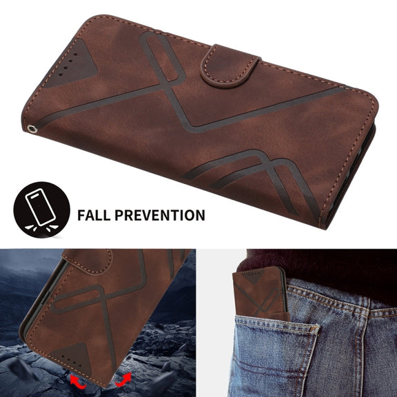For Samsung Galaxy S25+ 5G Line Pattern Skin Feel Leather Phone Case(Coffee)