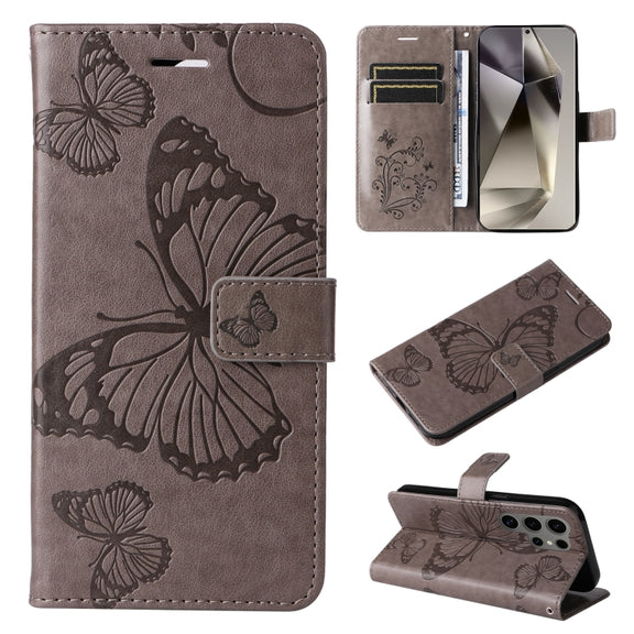 For Samsung Galaxy S25 Ultra 5G 3D Butterfly Embossed Pattern Flip Leather Phone Case(Grey)