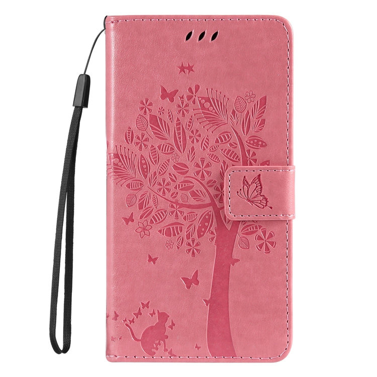For Samsung Galaxy S25 / S24 5G Tree & Cat Embossed Pattern Flip Leather Phone Case(Pink)