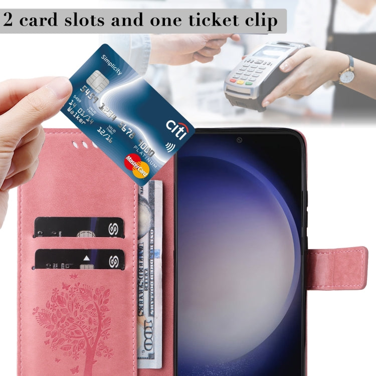 For Samsung Galaxy S25 / S24 5G Tree & Cat Embossed Pattern Flip Leather Phone Case(Pink)