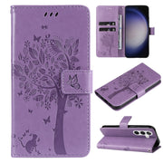 For Samsung Galaxy S25 / S24 5G Tree & Cat Embossed Pattern Flip Leather Phone Case(Light Purple)