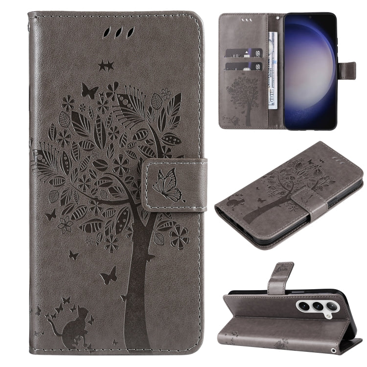 For Samsung Galaxy S25 / S24 5G Tree & Cat Embossed Pattern Flip Leather Phone Case(Grey)