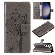 For Samsung Galaxy S25 / S24 5G Tree & Cat Embossed Pattern Flip Leather Phone Case(Grey)