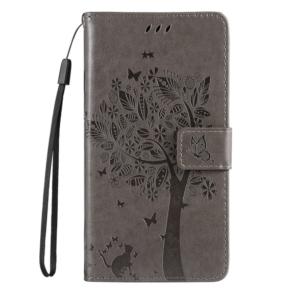 For Samsung Galaxy S25 / S24 5G Tree & Cat Embossed Pattern Flip Leather Phone Case(Grey)