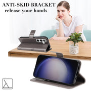 For Samsung Galaxy S25 / S24 5G Tree & Cat Embossed Pattern Flip Leather Phone Case(Grey)