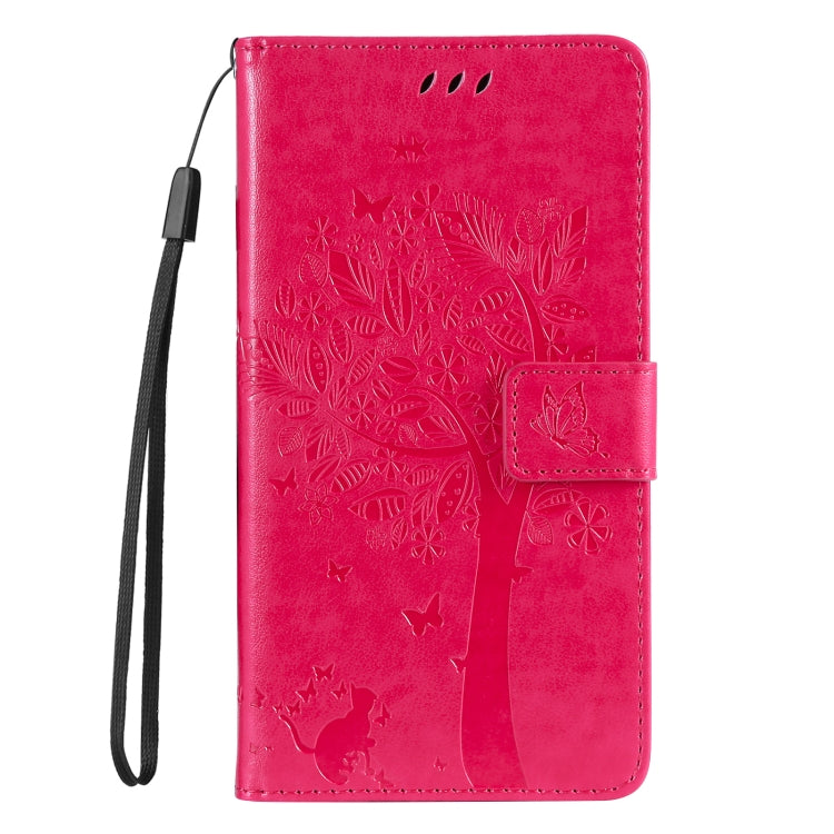 For Samsung Galaxy S25 / S24 5G Tree & Cat Embossed Pattern Flip Leather Phone Case(Rose Red)