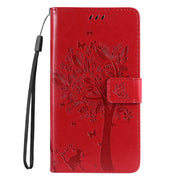 For Samsung Galaxy S25 / S24 5G Tree & Cat Embossed Pattern Flip Leather Phone Case(Red)