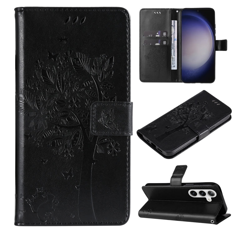 For Samsung Galaxy S25 / S24 5G Tree & Cat Embossed Pattern Flip Leather Phone Case(Black)
