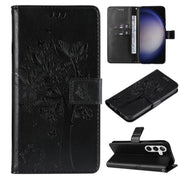 For Samsung Galaxy S25 / S24 5G Tree & Cat Embossed Pattern Flip Leather Phone Case(Black)