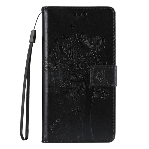 For Samsung Galaxy S25 / S24 5G Tree & Cat Embossed Pattern Flip Leather Phone Case(Black)
