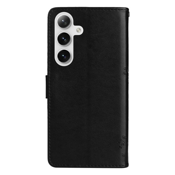 For Samsung Galaxy S25 / S24 5G Tree & Cat Embossed Pattern Flip Leather Phone Case(Black)