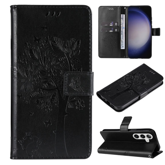 For Samsung Galaxy S25 / S24 5G Tree & Cat Embossed Pattern Flip Leather Phone Case(Black)
