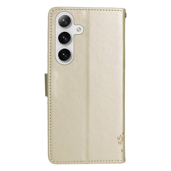 For Samsung Galaxy S25 / S24 5G Tree & Cat Embossed Pattern Flip Leather Phone Case(Gold)
