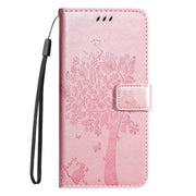 For Samsung Galaxy S25 / S24 5G Tree & Cat Embossed Pattern Flip Leather Phone Case(Rose Gold)
