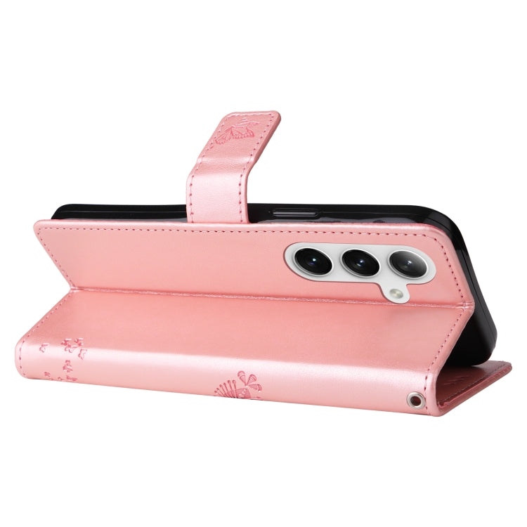 For Samsung Galaxy S25 / S24 5G Tree & Cat Embossed Pattern Flip Leather Phone Case(Rose Gold)